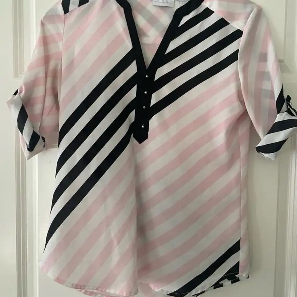 New York & Company Striped Pink and Black Striped V-neck Blouse, size XS